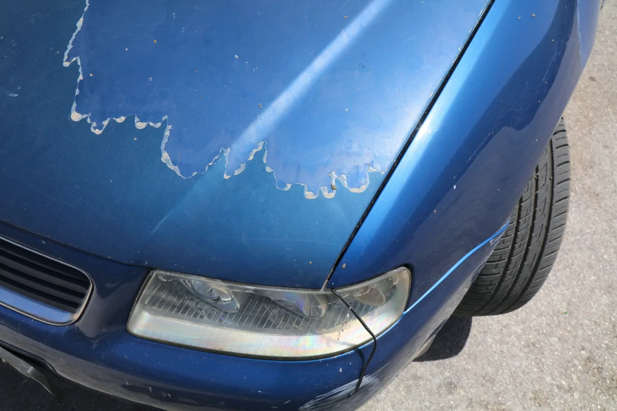 Sun-damaged clear coat peeling on a blue vehicle hood