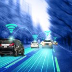 Highway with cars showing glowing ADAS radar and connectivity systems visualization